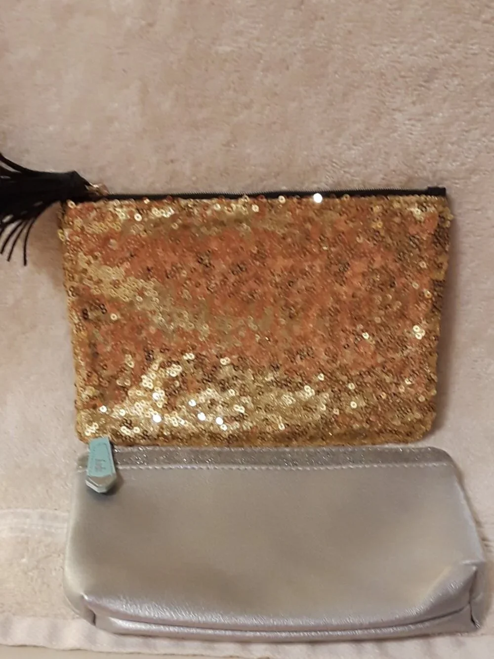 Set of 2 Ipsy Metallic Cosmetic Bags: Gold Sequin Black Tassel & Silver Aqua